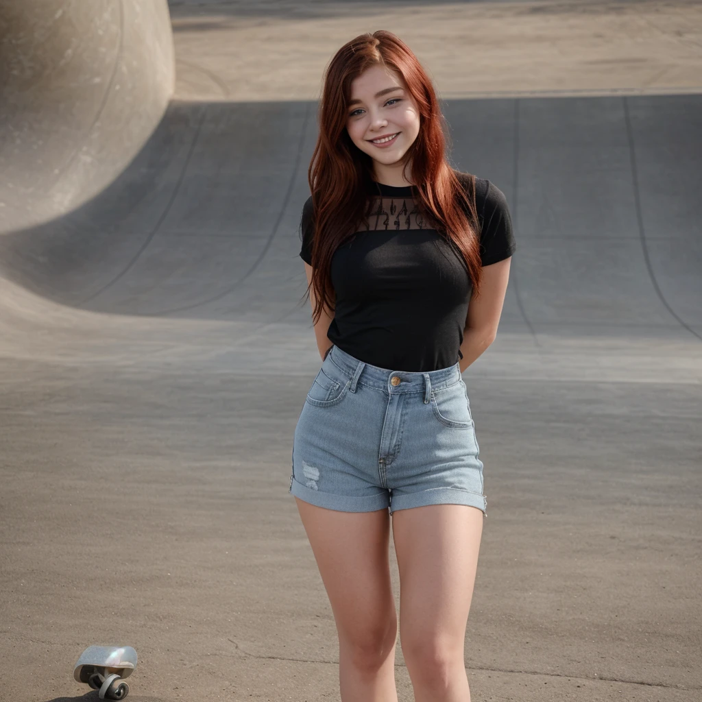 18 year old woman similar to Chloë Grace Moretz, with long disheveled red hair, smiling, curvy sexy body, at a skatepark. She is wearing denim shorts and long black knee-high socks, paired with a black sleeveless blouse, in three-quarter pose, realistic, high quality, Masterpiece.