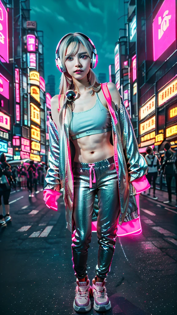 masterpiece, Highest quality, 4K, Realistic,1 perfect portrait of a cute girl, (A fascinating eye for perfect detail:1.2),  (Silver Hair,Japanese:1.4), (Neon blue and pink soft long hair:1.6), (Wearing headphones:1.2),  (Sporty fashion), Cinema Lighting, (Seductive pose:1.4), (Cyberpunk night background:1.6), Beautiful Blue Eyes, close,