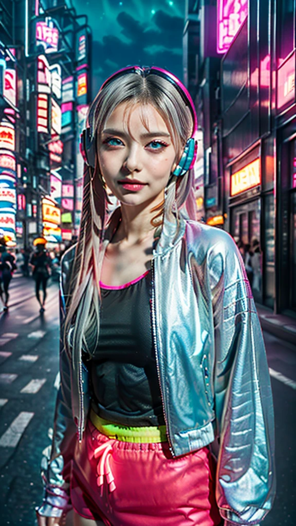 masterpiece, Highest quality, 4K, Realistic,1 perfect portrait of a cute girl, (A fascinating eye for perfect detail:1.2), (Silver Hair,Japanese:1.4), (Neon blue and pink soft long hair:1.6), (Wearing headphones:1.2), (Sporty fashion), Cinema Lighting, (Seductive pose:1.4), (Cyberpunk night background:1.6), Beautiful Blue Eyes, close,
