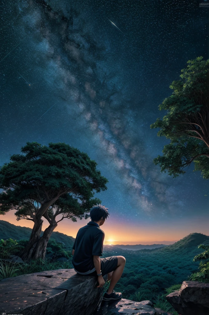 A boy sitting on rock in the jungle and seeing a cosmic stars sky by  makato shinkai  anime art wallpaper 4 k, anime art wallpaper 4k, anime art wallpaper 8 k, anime sky, amazing wallpaper, anime wallpaper 4 k, anime wallpaper 4k, 4k anime wallpaper1