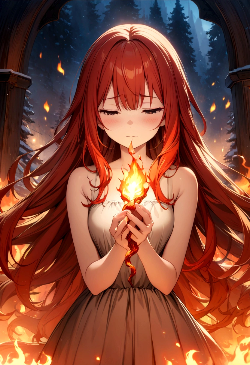 Portrait of a shy red-haired girl, portrait of a red-haired girl, slim, fragile, thin arms, her long hair is made of fire, orange, red, fire effects, in the background is an enchanting snowy landscape, divine, 1girl, fire magic, flames, best quality, ultra-high resolution, 4K detailed CG, masterpiece, aesthetic, centered on the screen