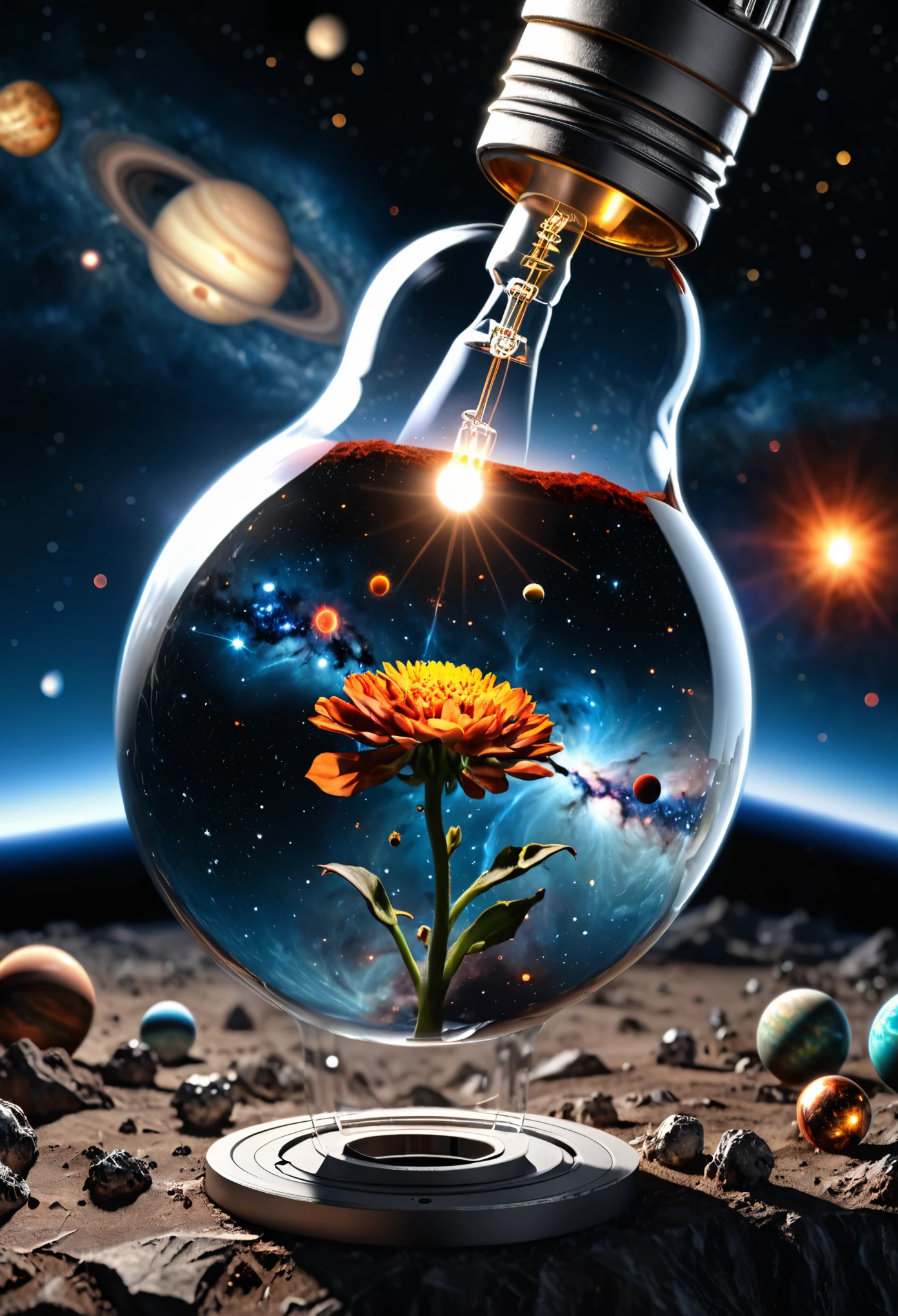 1 glass tungsten bulb from Nebula,Various planets inside the light bulb,Space Background, best quality, 4K, 8K, highres, masterpiece:1.2, ultra-detailed, realistic, photorealistic, photo-realistic:1.37, HDR, uhd, studio lighting, ultra-fine painting, sharp focus, physically-based rendering, extreme detail description, professional, vivid colors, bokeh, portrait, outdoor, flowers, close up