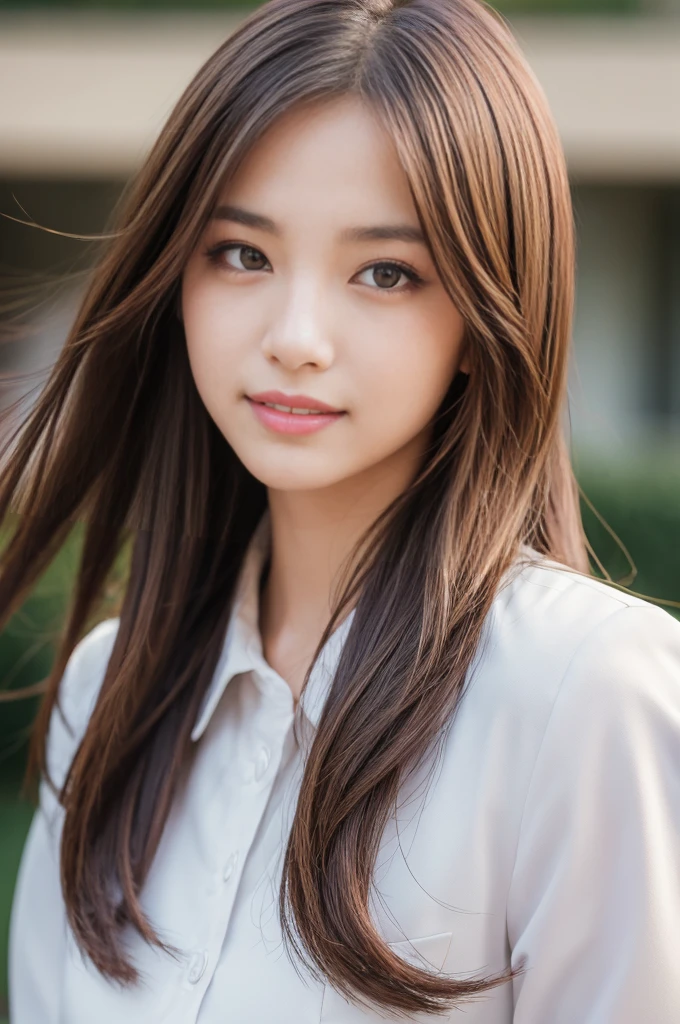 beautiful detailed eyes, beautiful detailed lips, extremely detailed eyes and face, longeyelashes, 1girl, asian, uniform, solo, brown hair, long hair, not looking at camera, brown eyes, smiling, blurred, blurred background, (best quality,4k,8k,highres,masterpiece:1.2),ultra-detailed,(realistic,photorealistic,photo-realistic:1.37),portrait