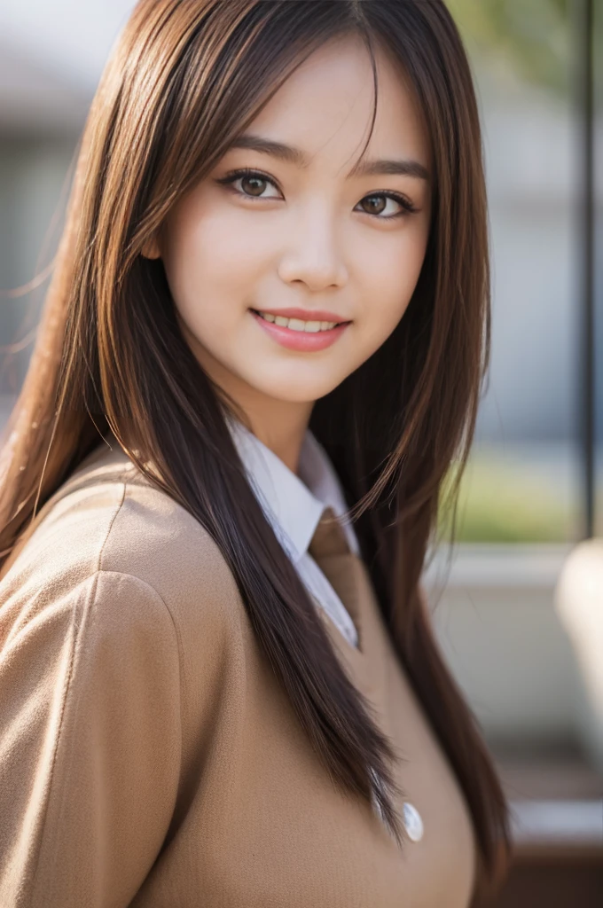 beautiful detailed eyes, beautiful detailed lips, extremely detailed eyes and face, longeyelashes, 1girl, asian, uniform, solo, brown hair, long hair, not looking at camera, brown eyes, smiling, blurred, blurred background, (best quality,4k,8k,highres,masterpiece:1.2),ultra-detailed,(realistic,photorealistic,photo-realistic:1.37),portrait