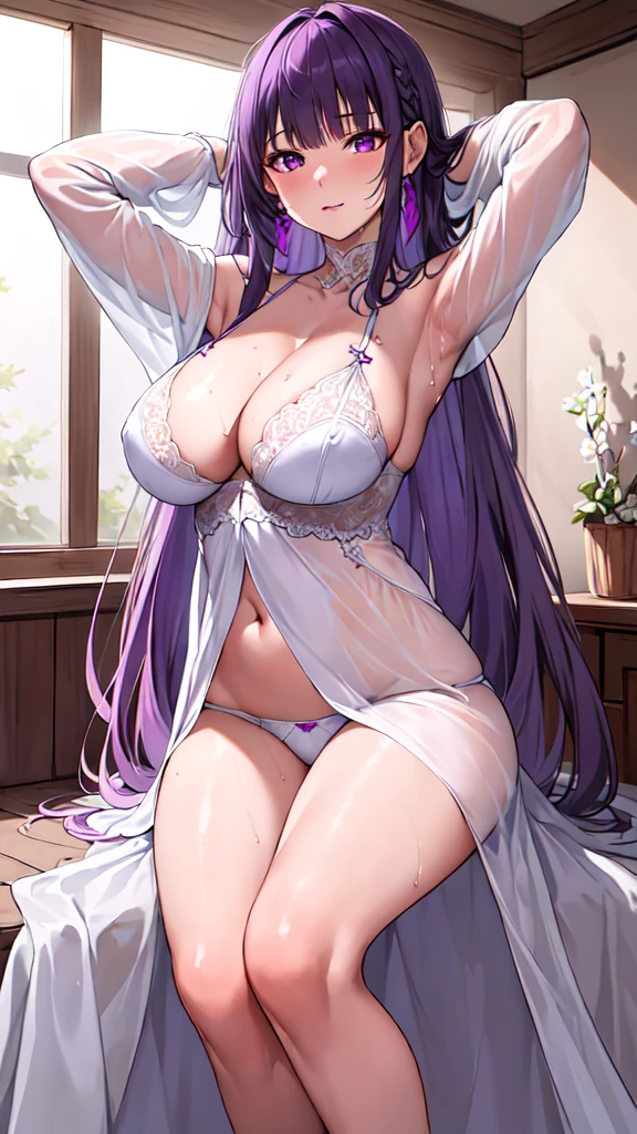 masterpiece, Highest quality, High resolution, Arfern, Long Hair, Purple Hair, Blunt bangs, Purple eyes, Large Breasts, (Long dress), (White Dress), (Long sleeve), Sitting,arms behind head,wet cloth, Bedroom,(Puffing one's cheeks), Cowboy Shot,(See-through:1.0),(Underwear standing:1.3)