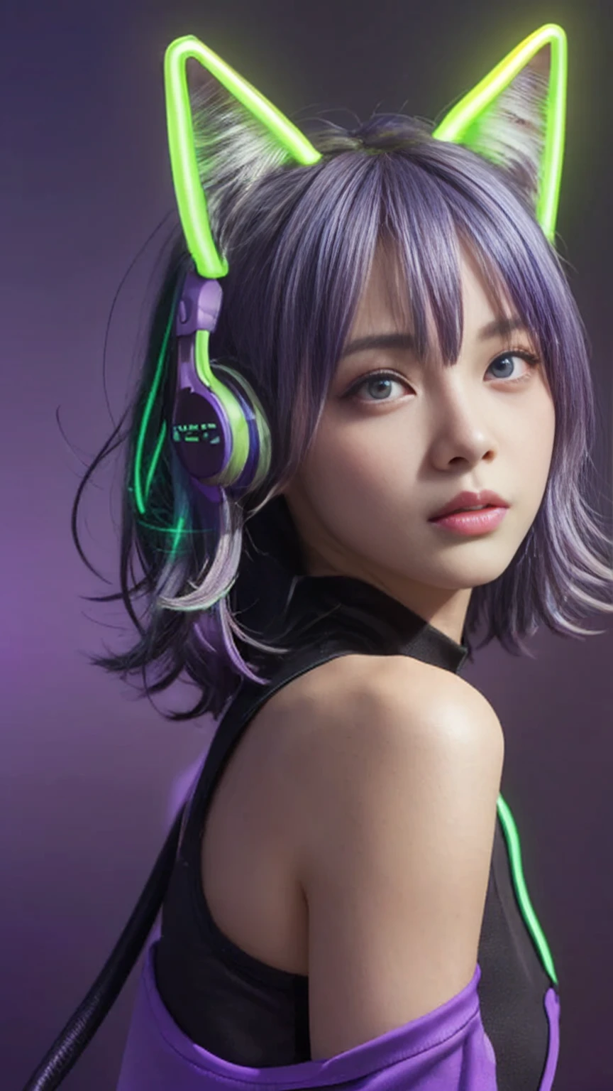 (Neon Purple Theme:1.2), masterpiece, Highest quality, 4K, (Realistic), Bokeh, Awareness-raising,(1 perfect portrait of a girl), (A fascinating eye for perfect detail:1.2), Colorful Hair, (Gradient Hair), (Neon purple soft hair:1.6), (Cat ear:1.2), Fantasy Background, (Exposed bare shoulders), (Long-term alienation sleeve), (Lean forward slightly), Tilt your head, (Cinema Lighting:1.2), Larger clothes, (Seductive pose:1.4), (Neon Purple Background:1.6), beautiful purple eyes, close,Chameleon on your shoulder