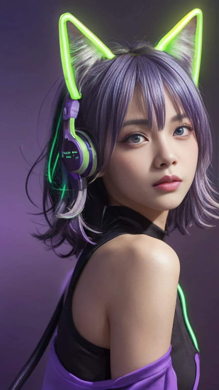 (Neon Purple Theme:1.2), masterpiece, Highest quality, 4K, (Realistic), Bokeh, Awareness-raising,(1 perfect portrait of a girl), (A fascinating eye for perfect detail:1.2), Colorful Hair, (Gradient Hair), (Neon purple soft hair:1.6), (Cat ear:1.2), Fantasy Background, (Exposed bare shoulders), (Long-term alienation sleeve), (Lean forward slightly), Tilt your head, (Cinema Lighting:1.2), Larger clothes, (Seductive pose:1.4), (Neon Purple Background:1.6), beautiful purple eyes, close,Chameleon on your shoulder