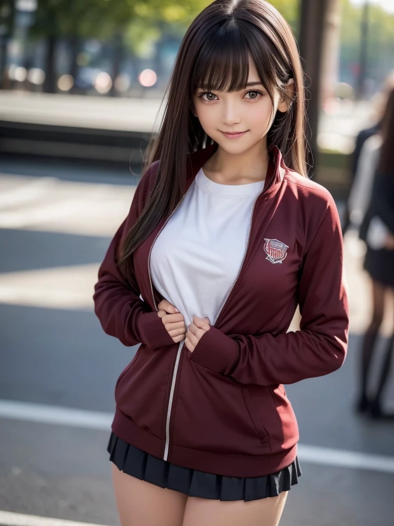 (8K, RAW Photos, Highest quality, masterpiece:1.2), (Realistic, photo-Realistic:1.4), (Highly detailed 8K wallpapers), ((Full Body Shot)), (1 girl), Sharp focus, Depth of written boundary, Cinematic lighting, Soft Light, 緻密な美しさのeye, eye_Chan, Very beautiful  girl, innocent big eyes, Realistic, photo Realistic, Highly detailed cute girl, (Thin thighs), (Model Body Type), 18-year-old, ((Wine Red Track Jacket)), (Black micro mini tight skirt), (((Fold your arms in front of your chest and act arrogantly))), ((A happy smile)), Parted lips, Watching the audience, (On the streets of New York) , (Brown Hair),（Long Bob Hair), (Asymmetrical bangs)