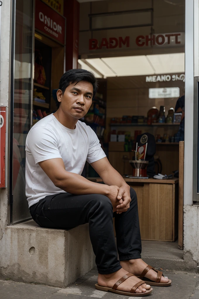 3D caricature image of an Indonesian man sitting in front of a shop