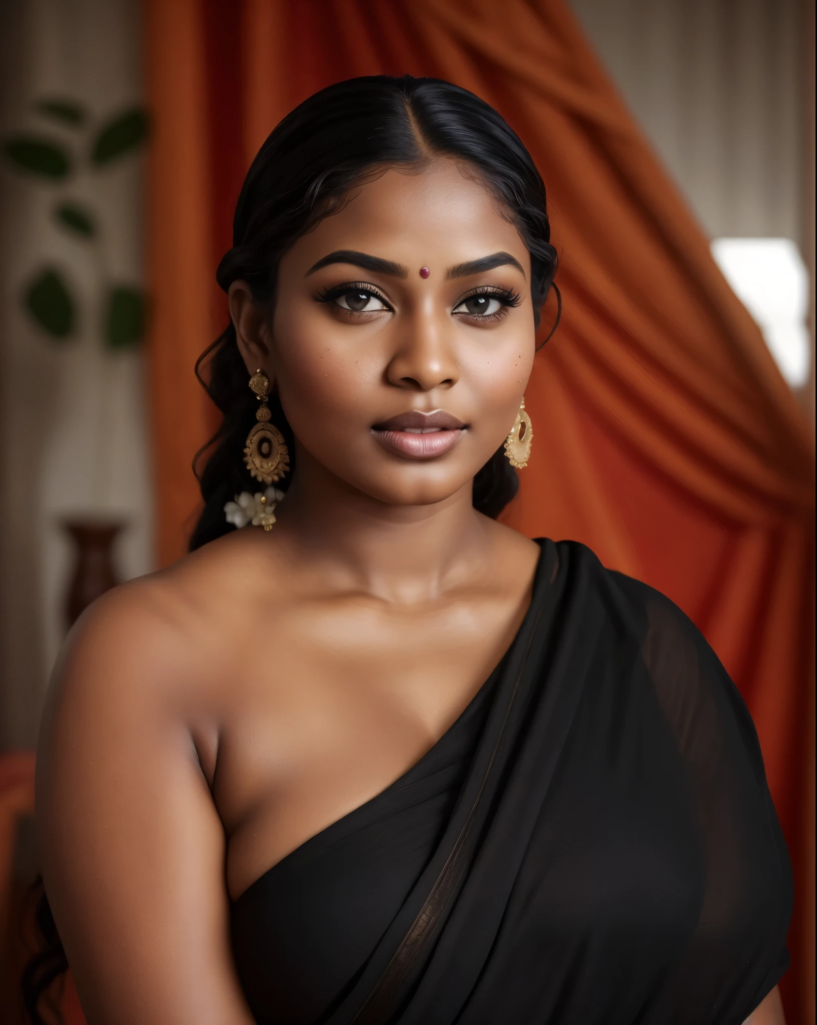 Extremely gorgeous, beautiful round face, beautiful black lady, sexy lady, curvy, curvy beauty, shoot for a famous cosmetics brand, shoot for top health magazine cover Page, bold photoshoot, bold looks, body positivity, dark skin, stunning beauty, ravishing, spicy hot, sizzling hot, sensual shoot, artistic sensual photograpy, thick figure, curvy, Thick navel, sexy tempting lady, sexy navel folds, fleshy figure, woman with a flower in her hair and a flower in her hair, closeup portrait shot, movie stills photography, traditional beauty, body sweat, glistening skin, skin texture, skin pores, traditional clothes , traditional female hairstyles, pretty face!!, shot on sony alpha dslr-a300, indian woman with brown skin, indian goddess, traditional makeup, movie stills, actress, close - up portrait shot, detailed portrait shot, ultra HD, hyper realistic, hyper realistic skin, High level professional photography, insane details, freckles 0.1, beautymarks, real photograph, add every possible elements to make the photo as real photograph, shiny skin, glossy skin, dramatic lighting, 