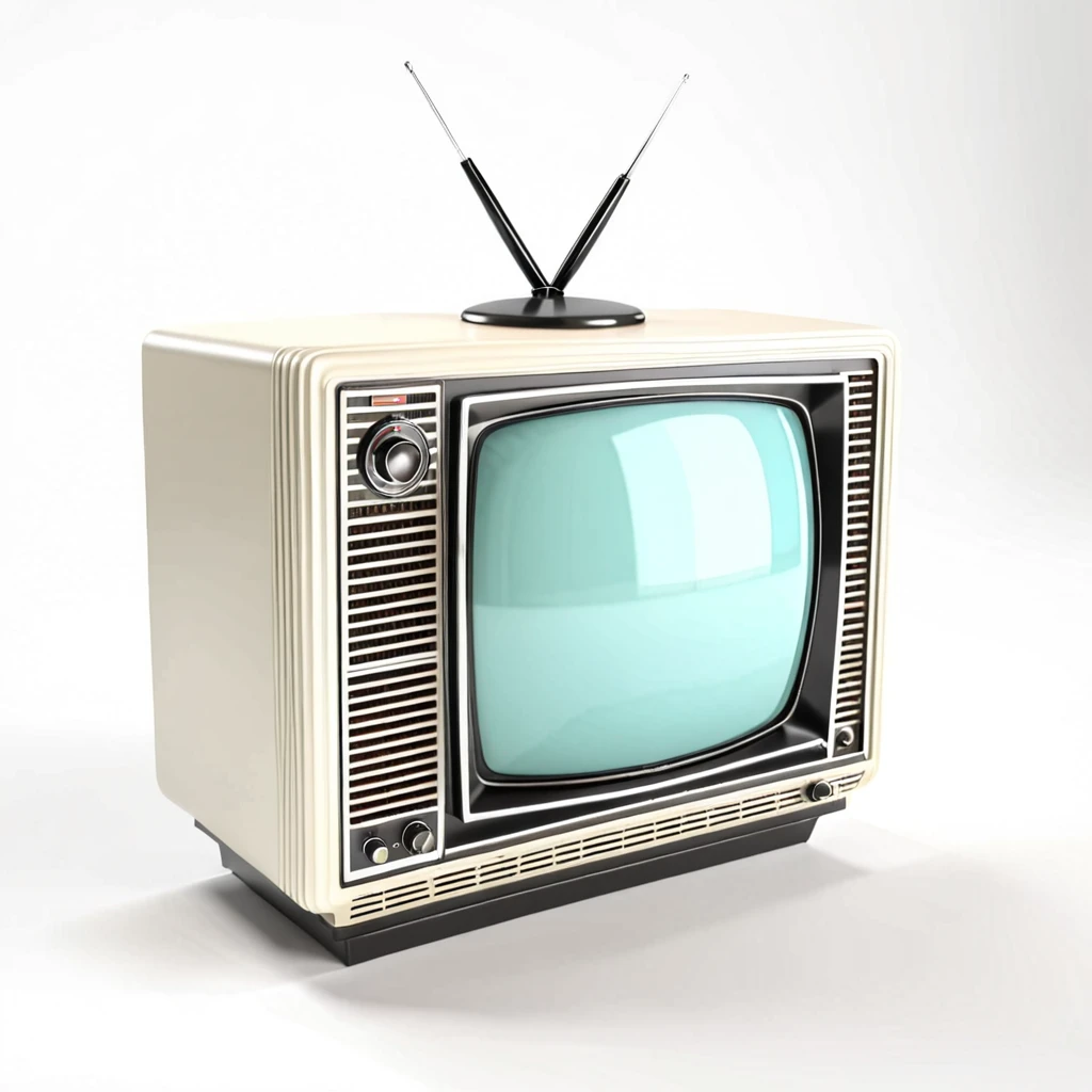 retro tv station, on white background, high-angle photo, soft light, 3d render, wide angle shooting, raw