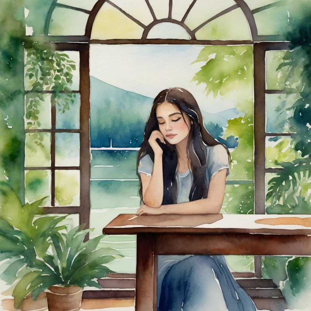 watercolor style ,In the serene environment of a room, a young girl with long, dark hair is immersed in a world of her own. She is sitting at a wooden table, hands resting gently on her face, lost in thought. The room is adorned with a window that offers a view of lush greenery, adding to the tranquility of the environment.