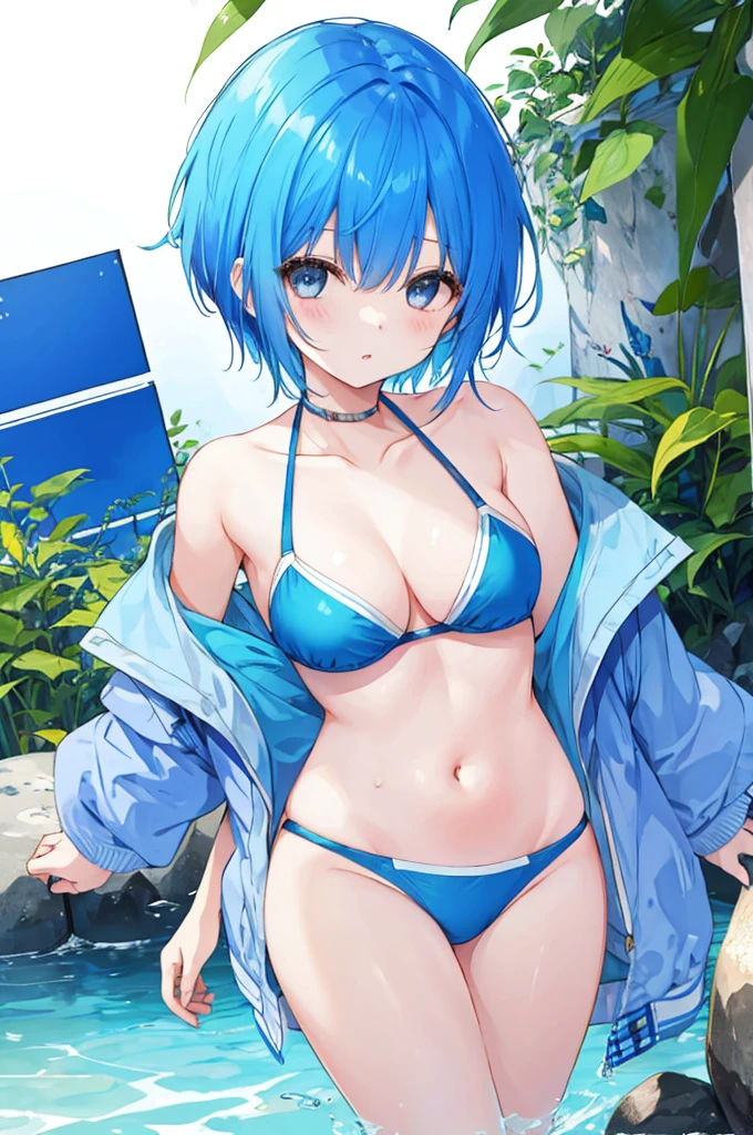 Girl、Blue hair short、bikini、sexy