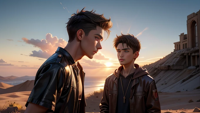 In the moment of faith is Lucas, a 20-year-old young man, with his mentor Marco, a wise man with a lot of faith, determined and courageous, hyper-realistic, cinematic.