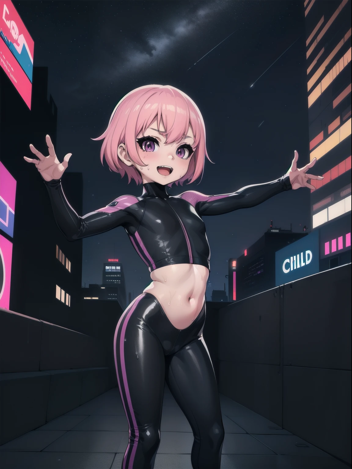 1girl,detailed eyes,(child:1.6),( loli:1.8),pink hair,grin,Sweat,outdoor,night sky,pussy,spred pussy,sread legs, ,rooftop ,pubic hair, open bodysuit ,midriff ,sci-fi,cyberpunk ,navel,nipples,tattoo 