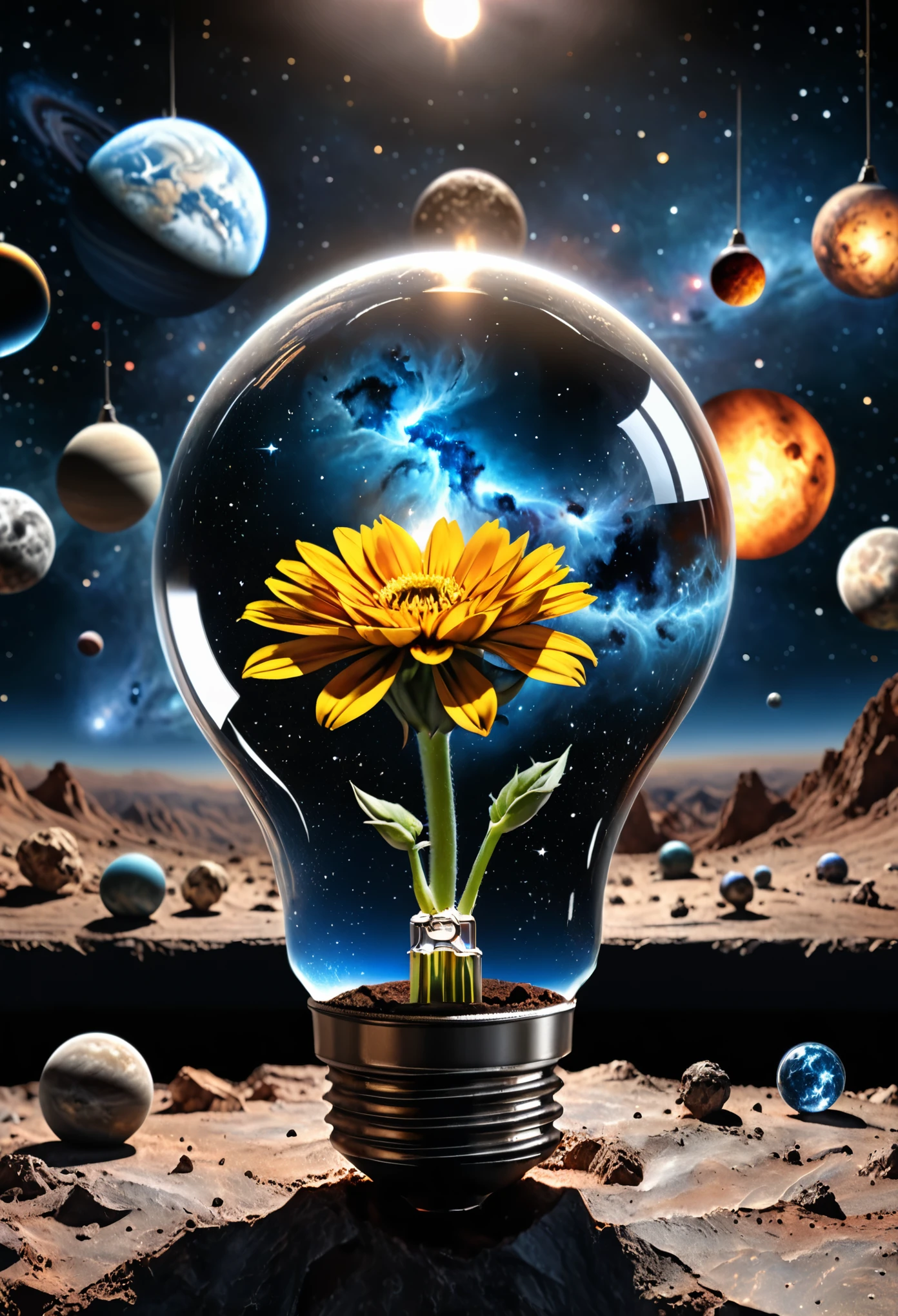 1 glass tungsten bulb from Nebula,Various planets inside the light bulb,Space Background, best quality, 4K, 8K, highres, masterpiece:1.2, ultra-detailed, realistic, photorealistic, photo-realistic:1.37, HDR, uhd, studio lighting, ultra-fine painting, sharp focus, physically-based rendering, extreme detail description, professional, vivid colors, bokeh, portrait, outdoor, flowers, close up