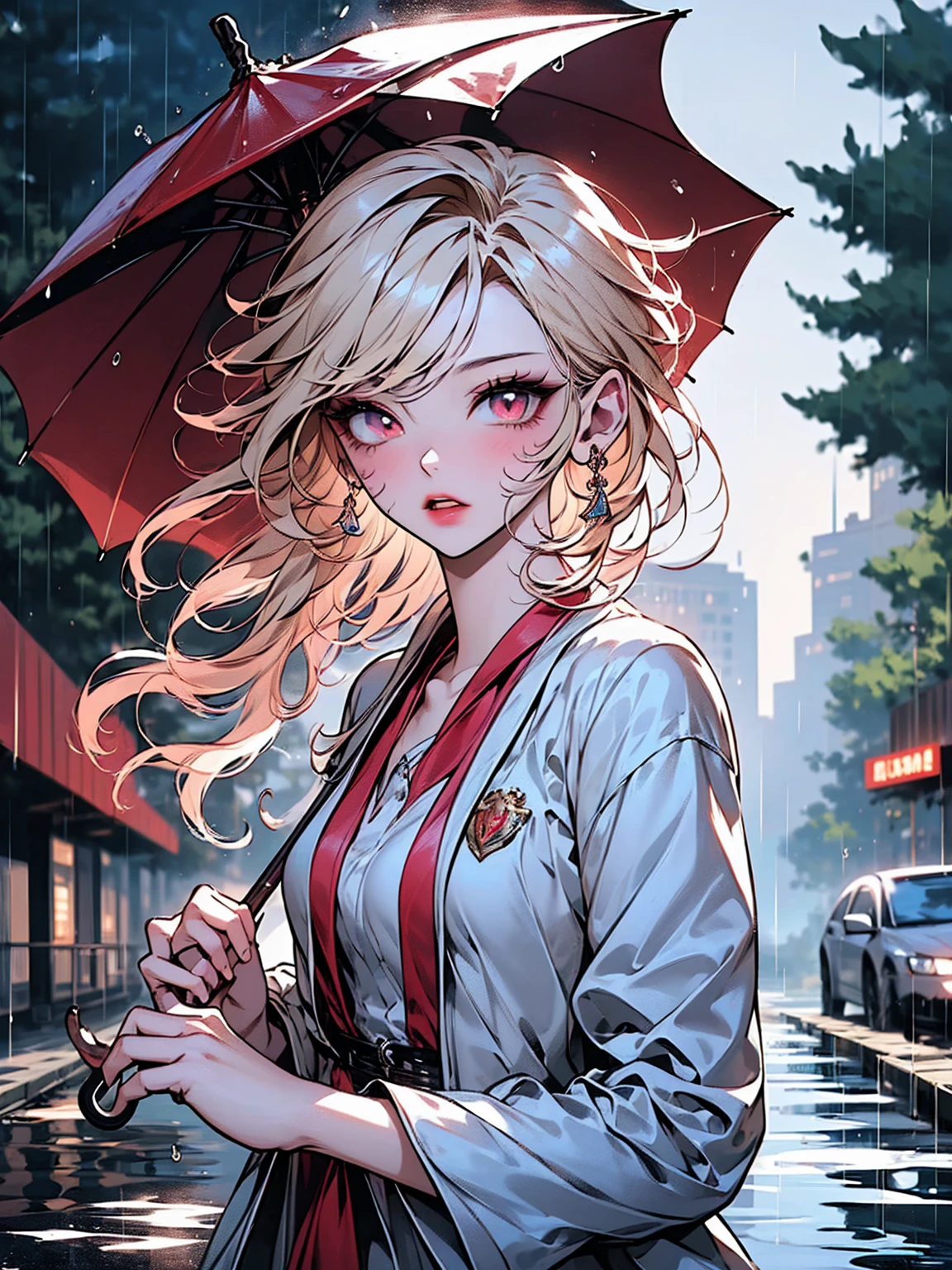 anime, A detailed steampunk inspired illustration of ((a woman with an umbrella in her hand:1.6)), ((rainy day, street with puddles of water, heavy rain, wet clothes, skin texture, with water drops:1.5)), (Best Quality, 4k, 8k, high resolution, Masterpiece: 1.2), ultra detailed, sharp focus, (Masterpiece: 1.3), (Best Quality: 1.2), ( high quality: 1.1), (extremely detailed: 1.2), (cinematic lighting: 1.2), (dramatic shadows: 1.2), (muted colors: 1.1), ,intense lighting,dramatic lighting,lighting change,cinematic lighting,chiaroscuro lighting,dramatic shadows,dramatic moments,vivid colors,intense colours,deep contrast,cinematic depth of field,cinematographic composition,angle cinema camera