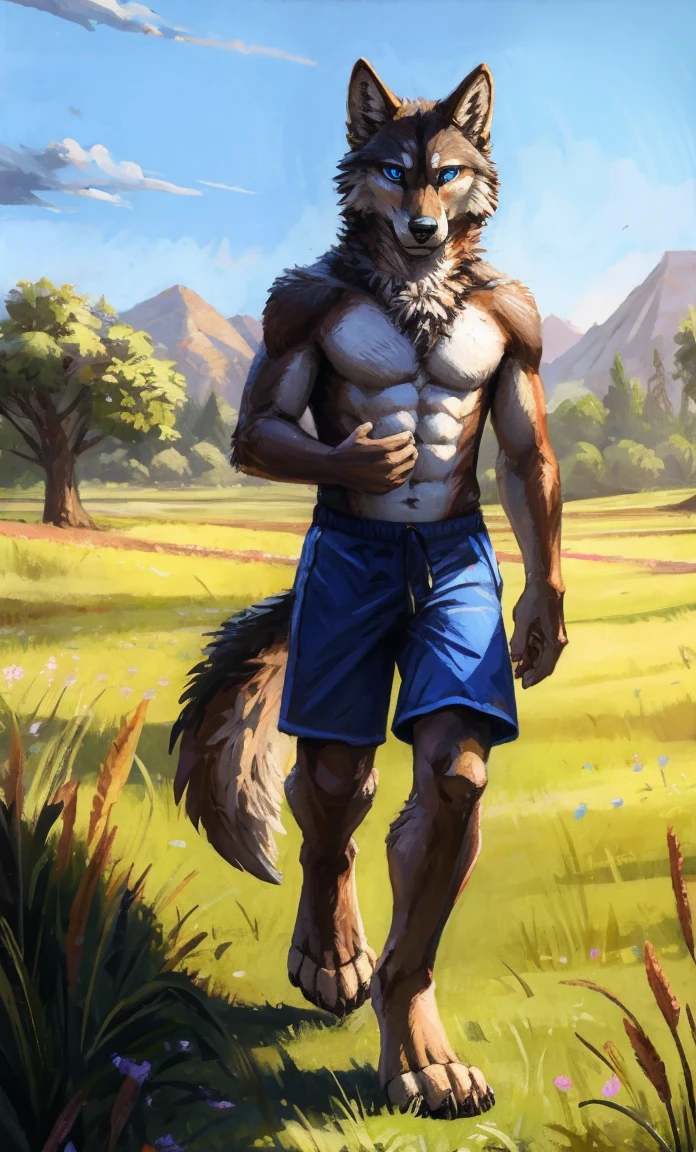 ((Solo)), male people, anthro wolf, (Multi-colored fur, White-brown:1.3,White tail pointed), (Height 2.1m,Tail length 1.2m), ((Wolf face, Big eyes, White eyelids, Blue pupil, Slim:1.2) (Tough, Calm expression:1.2)), Abs, Slim, pinging)), (Correct anatomy), (Work shorts:1.1), The upper body naked, (detailed outfits),A long big tail,Feet,(Realistic fur, Detailed fur texture, labeled:1.3)), (Natural lighting), Photorealistic, Hyperrealistic, ultradetailed, by Kenket,Field,erect through,Running on