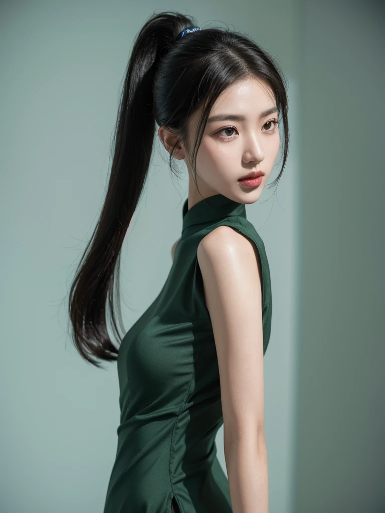 korean model , slim body , 167cm ，Movie Angle，long black ponytails hairstyle, （Cute girl,anatomy correct, Pastel Spring Green silky chinese qipao with short sleeves，（ art，geomerty），（plethora of colorest quality，high detail，tmasterpiece，Cinematic lighting effects，4K，Chiaroscuro )
