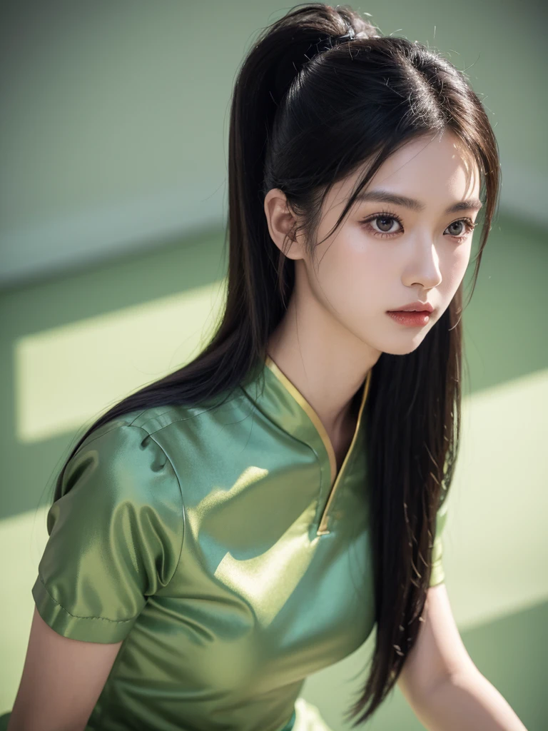 korean model , slim body , 167cm ,Movie Angle,long black ponytails hairstyle, (Cute girl,anatomy correct, Pastel Spring Green silky chinese qipao with short sleeves,( art,geomerty),(plethora of colorest quality,high detail,tmasterpiece,Cinematic lighting effects,4K,Chiaroscuro )