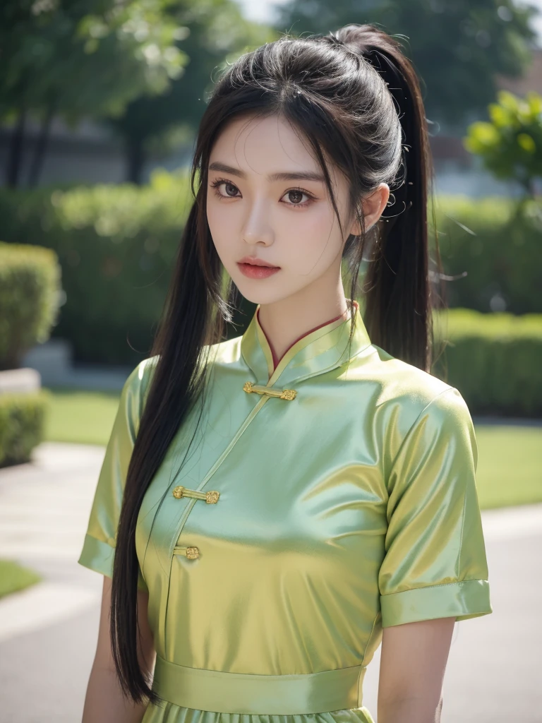 korean model , slim body , 167cm ,Movie Angle,long black ponytails hairstyle, (Cute girl,anatomy correct, Pastel Spring Green silky chinese qipao with short sleeves,( art,geomerty),(plethora of colorest quality,high detail,tmasterpiece,Cinematic lighting effects,4K,Chiaroscuro )