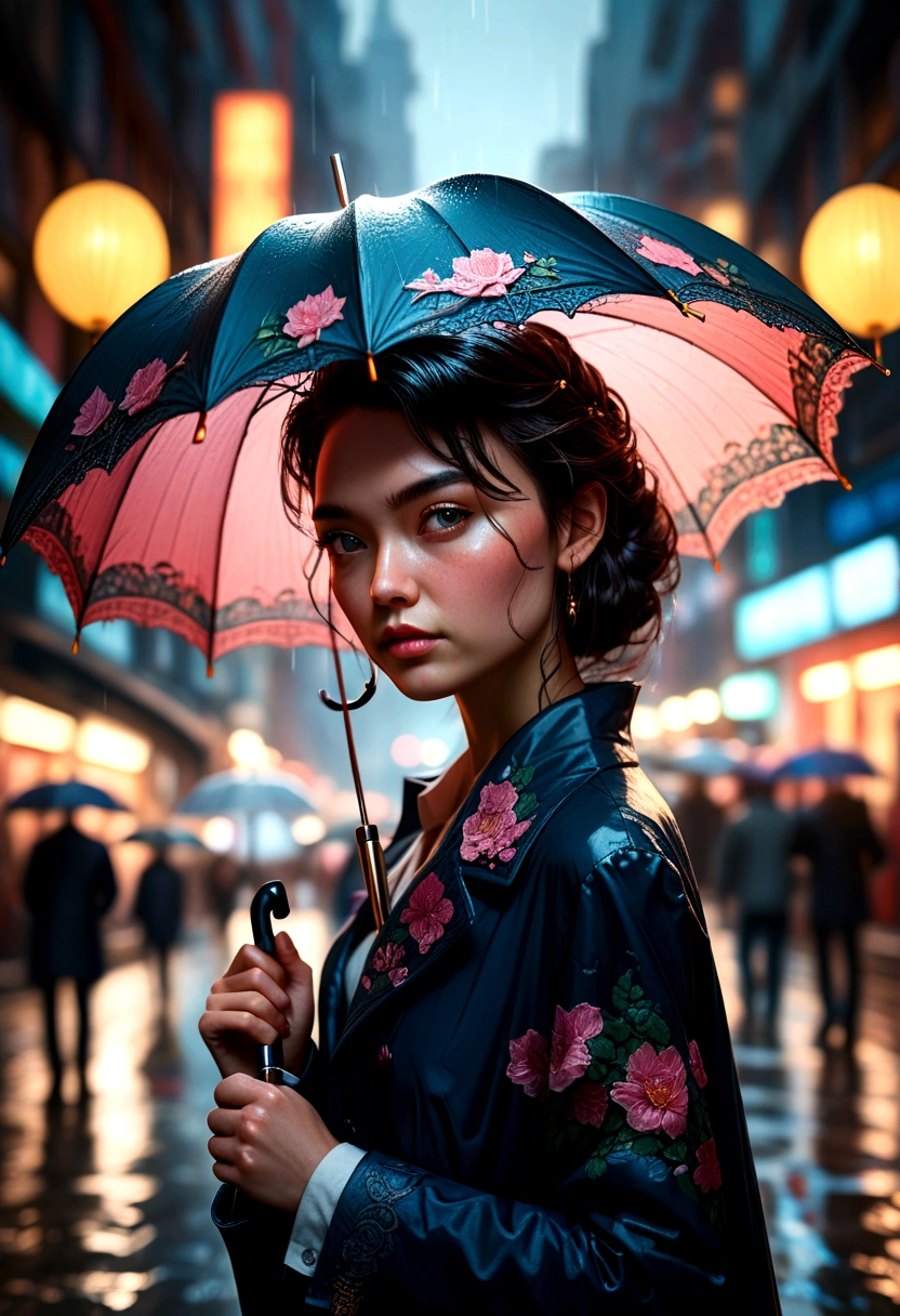 Person with an Umbrella, looking at viewer, by dan mumford, RAW photo, 35mm photograph, bokeh, best quality, masterpiece, very aesthetic, perfect composition, intricate details, ultra-detailed