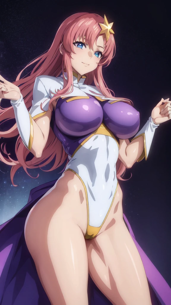 (masterpiece)、(Best image quality)、(Very detailed)、(Very detailed)、4K、(8K)、Best image quality、(beautiful)、
More about Campbell, 1 Girl, star hair ornaments, hair ornaments, Pink Hair, Long Hair, gloves, Leotard Purple Leotard, White leotard, A tight leotard、Huge breasts、Thick thighs、,A light smile、Dynamic pose、gravure、Dynamic Angle、Noise Reduction、Emphasis on the crotch、Breast Augmentation