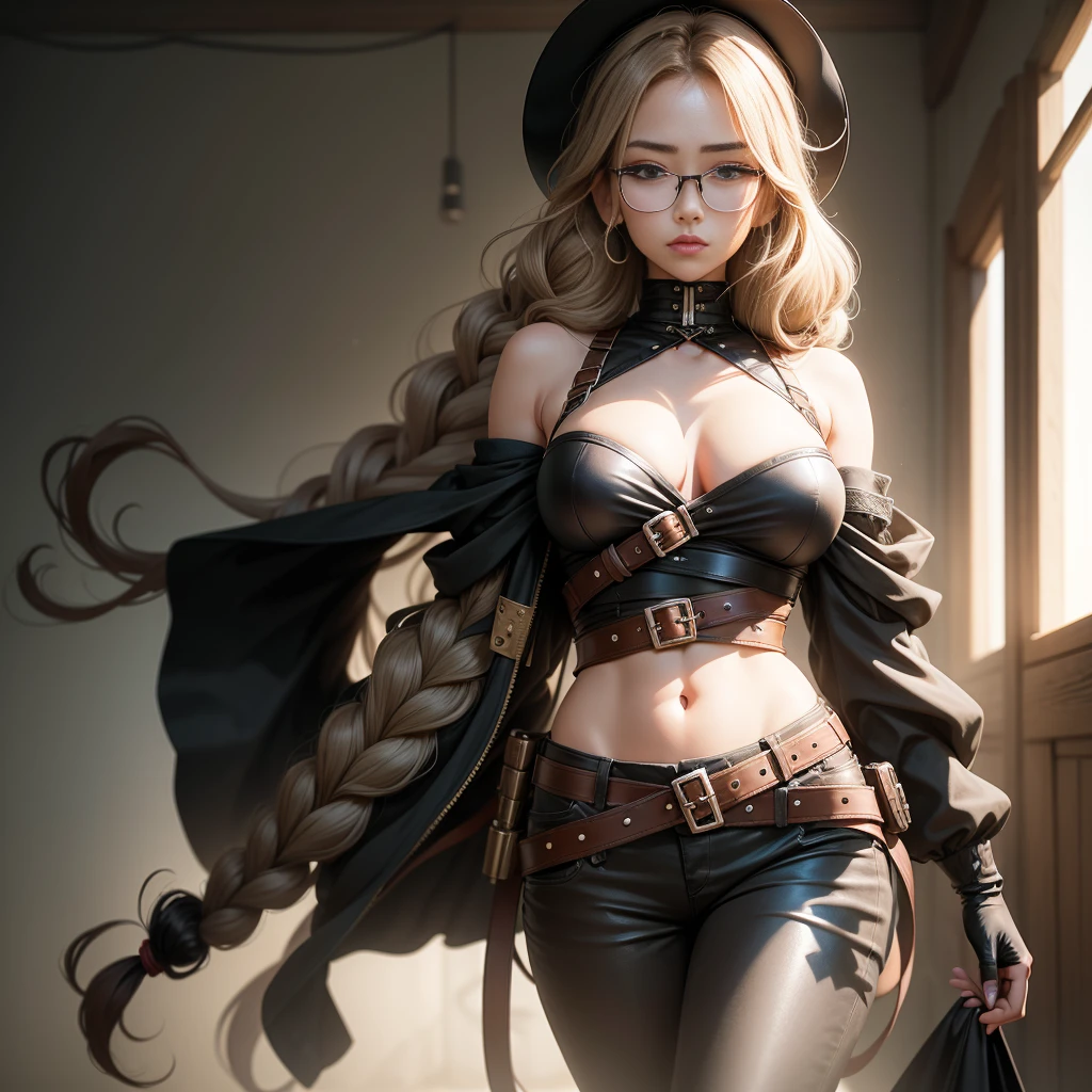 work of art, high quality CG, アニメ, illustration, best qualityer, 1 girl, linked, bondage, beautiful face, face detailed, cowboy shot, dokkaebi, 1 girl, standing alone, gazing at viewer, Bblack hair, braid, cups, black gloves, waist belt, pants, eyes black, twin braids, hair with highlights, black hat, May, black pants, round glasses, black May, bonnet, Hair behind the ear,