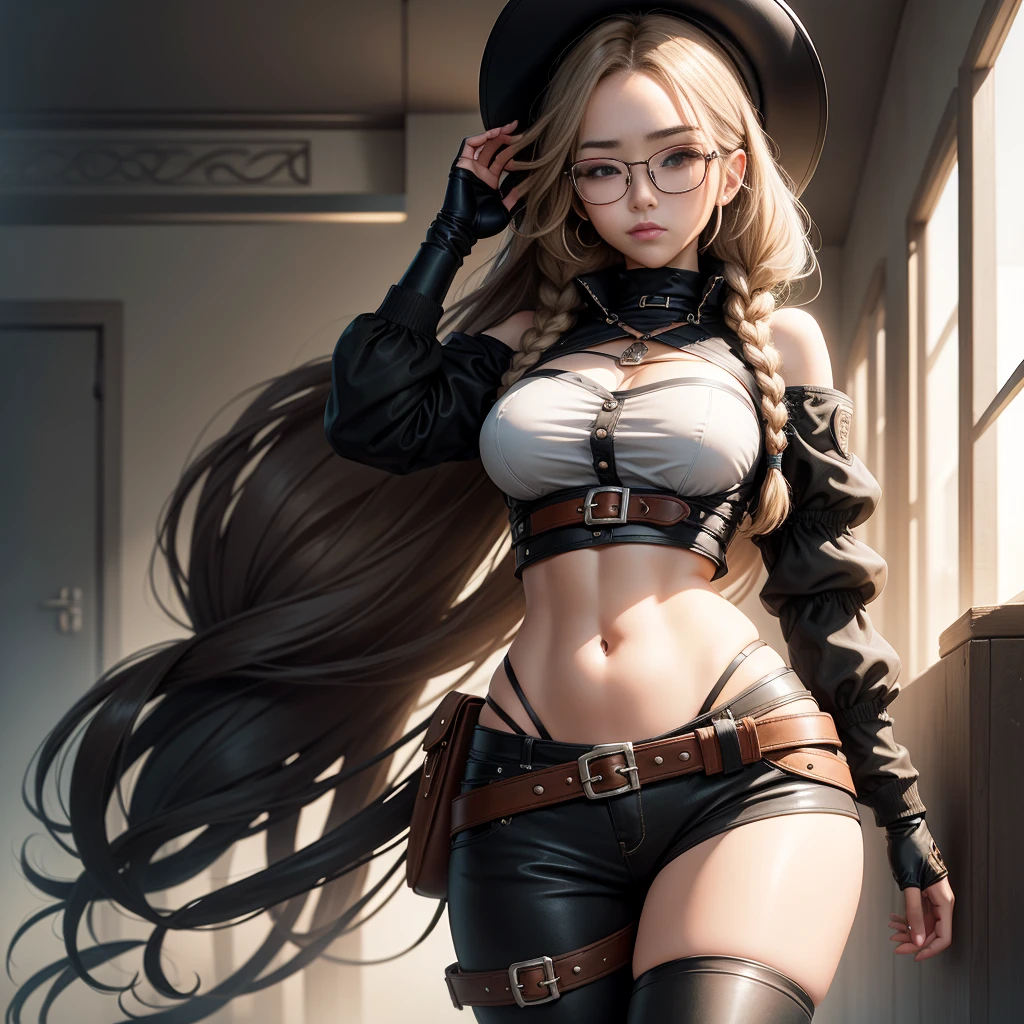 work of art, high quality CG, アニメ, illustration, best qualityer, 1 girl, linked, bondage, beautiful face, face detailed, cowboy shot, dokkaebi, 1 girl, standing alone, gazing at viewer, Bblack hair, braid, cups, black gloves, waist belt, pants, eyes black, twin braids, hair with highlights, black hat, May, black pants, round glasses, black May, bonnet, Hair behind the ear,