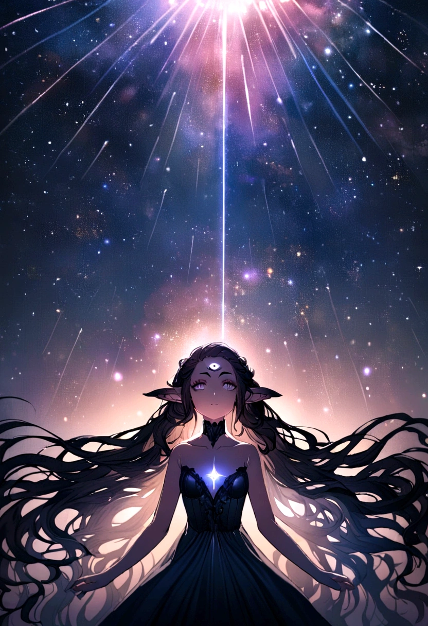 A young girl with long wavy brunette hair, third eye tattoo on her forehead, and elf ears, looking up at the entire galactic starry sky Magnificent, Twinkling starlight， Boundless， Fantastic sighteteor shower