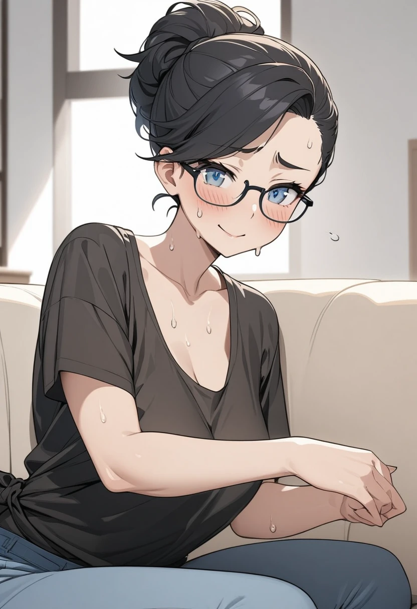 Adult female, highly detailed, glasses, short black hair wolf cut style tied back, blue eyes, smile, living room, black shirt, jeans, perfect eyes, high quality, best quality, sitting on couch, nervous, sweat