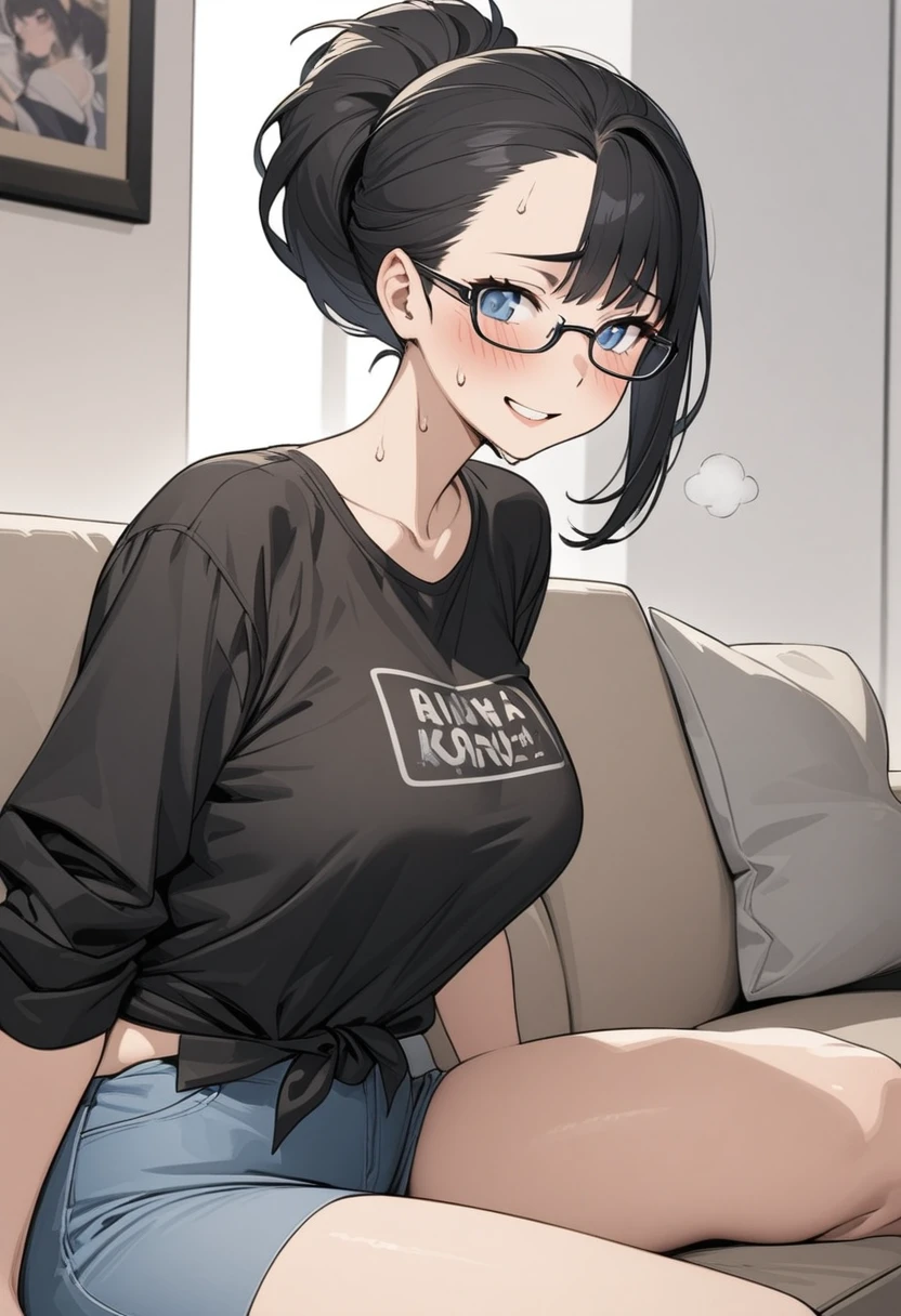 Adult female, highly detailed, glasses, short black hair wolf cut style tied back, blue eyes, smile, living room, black shirt, jeans, perfect eyes, high quality, best quality, sitting on couch, nervous, sweat