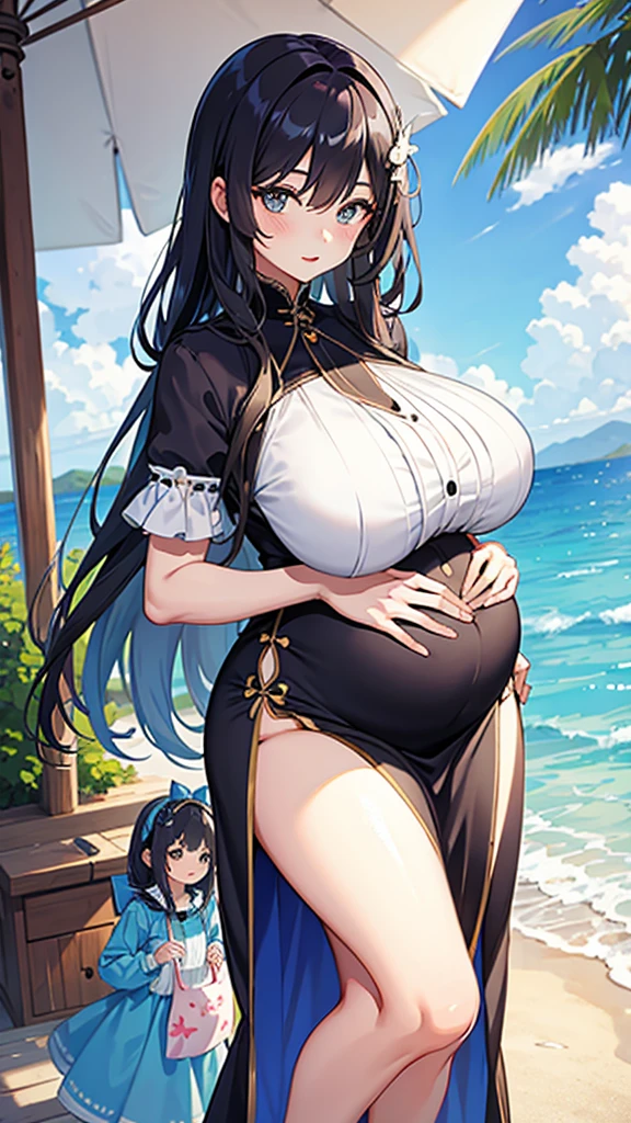 2 Girls,seaside、Dress,Long hair,Huge breasts,Pregnant
