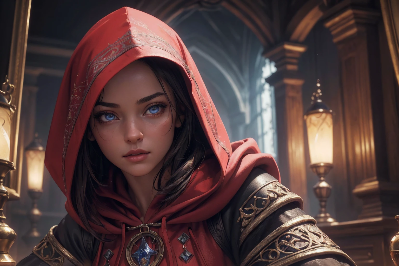 a girl in a red hooded cloak, wolf ears, alchemist, potions on her waist, beautiful, long red hooded cloak, detailed face, detailed eyes, detailed lips, extremely detailed facial features, extremely detailed portrait, oil painting, intricate details, rich textures, vibrant colors, dramatic lighting, fantasy, magical realism, cinematic composition, (best quality,4k,8k,highres,masterpiece:1.2),ultra-detailed,(realistic,photorealistic,photo-realistic:1.37),HDR,UHD,studio lighting,ultra-fine painting,sharp focus,physically-based rendering,extreme detail description,professional,vivid colors,bokeh