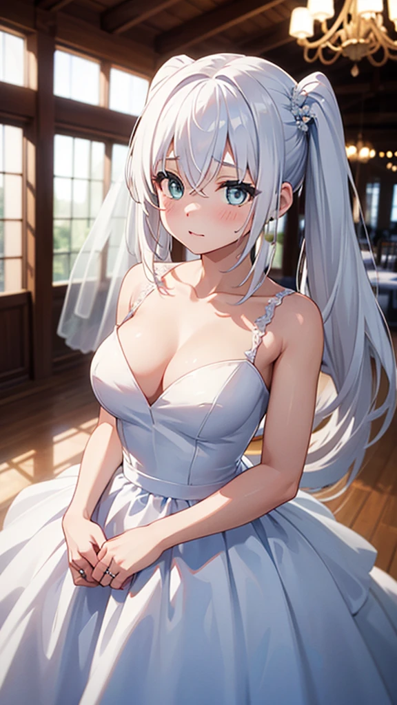 Ultra-high resolution,masterpiece, Attention to detail, Highest quality, 4K,(Pink twin tails、Blue Ribbon),(Blessed,Captivating body、Ultra-detailed skin、Beautiful Eyes、Detailed Background),One girl、(Wedding dress、Embarrassing:1.3),Wedding hall
