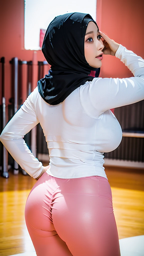 1 woman, woman wearing a hijab, beautiful, seductive, sensual, stimulating, round , big hips, big and round buttockng a short white t-shirt, wearing tight pink leggings, standing in a women's sports area, from behind