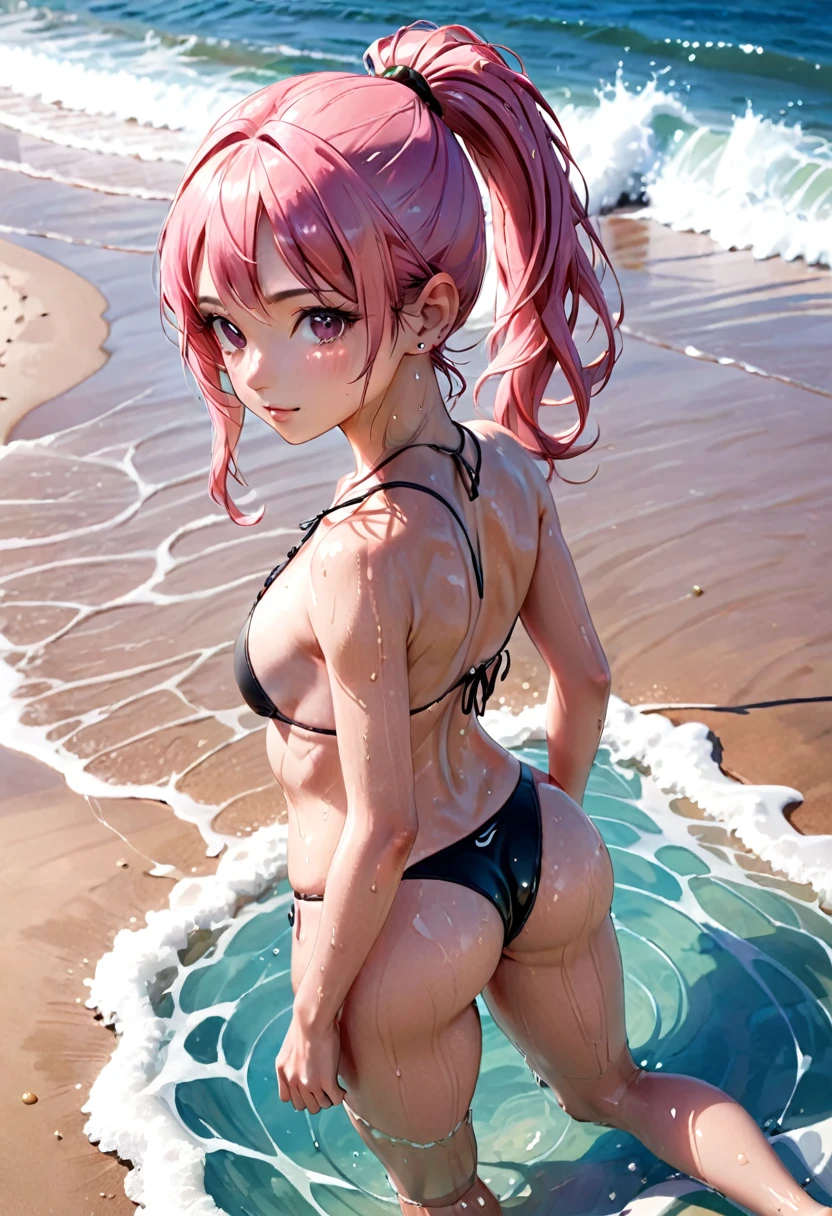 1 girl, depth of field, raw, realistic, posing, sexy girl, pink hair, ponytail, cute face, small breasts, nice body, fit, perfect ass, athletic, navel piercing, focus from above, sexy bikini, sea, beach, swimming, wet skin, wet hair