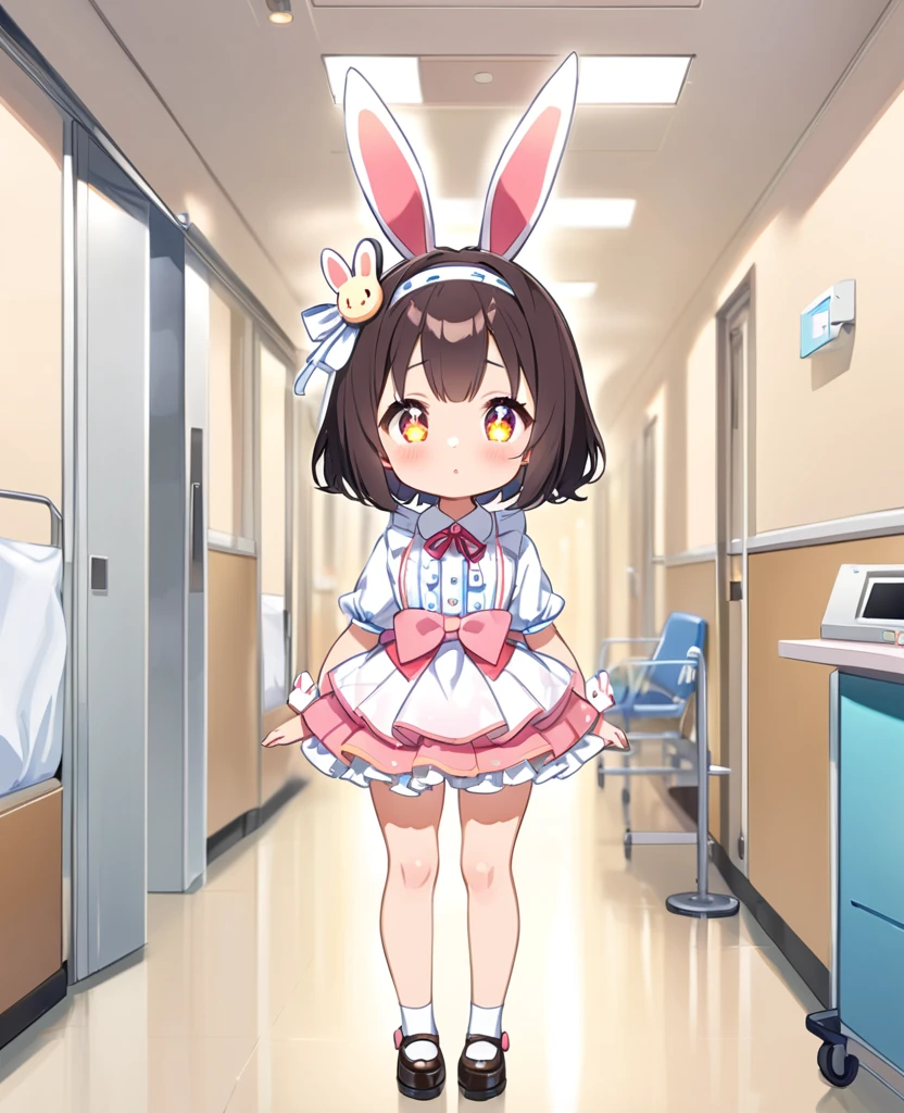  ,best quality,perfect face, shining eyes, hospital,kawaii,cute,full body, short frill skirt ,rabbit ornaments, standing,from front view,shiny skin,Loli,