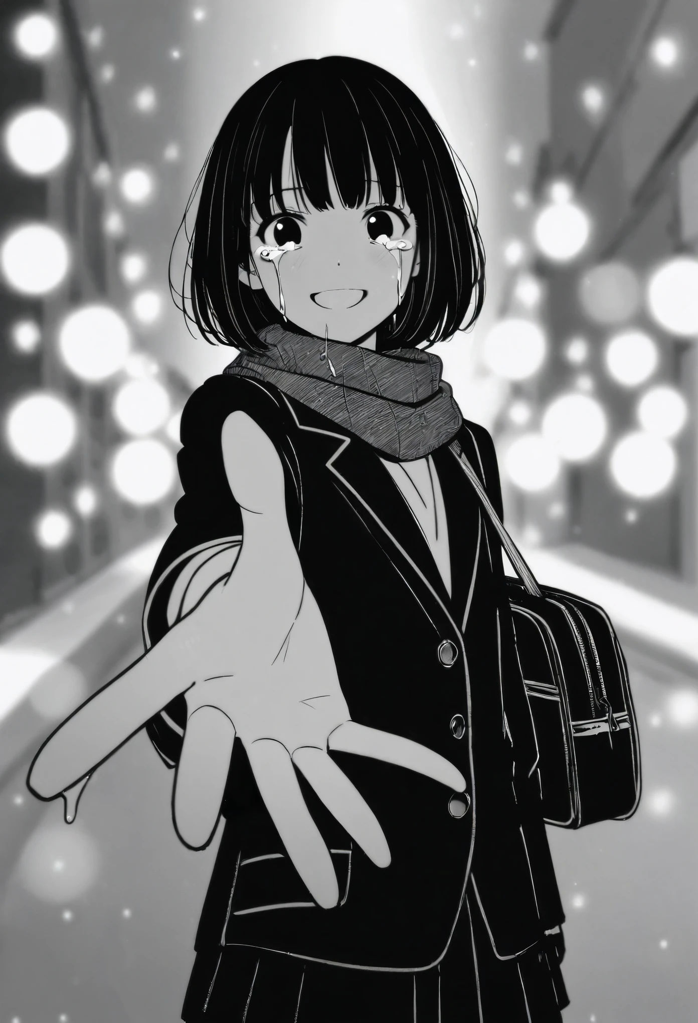 masterpiece, best quality, 1girl, mamerakkkkko, grayscale, manga style, japanese, chi no wadachi, black eyes, street, iced, black hair, schoolbag, smile, lineart, black coat, black scarf, black pleated skirt, leggins, centered, 18 years old, tall, fair skinned, bokeh background, crying, tears, tears streaming, bob cut, light particles, centered, snowing, (((reaching out left hand to viewer, perfect hand, detailed hand:1.1)), emotional anime scene