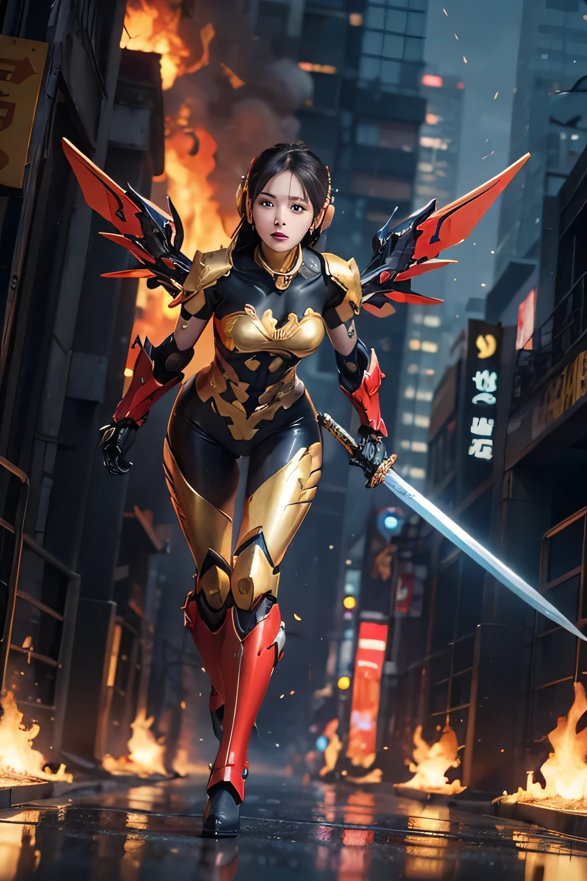 long shot fullbody a beautiful ((Indonesian girl, shoulder length straight black hair)), 32 breasts, ((gold)) headphones. wearing ((sexy mecha armor)) with ((shiny red and gold engraving)) color with long tentacle wings. wearing mecha boots. holding ((big blue fiery mecha sword)). ((running pose)), burning city background. ((daytime scene)), 4d animation, UHD 32k, super detailed and realistic photography. reflective surface.
