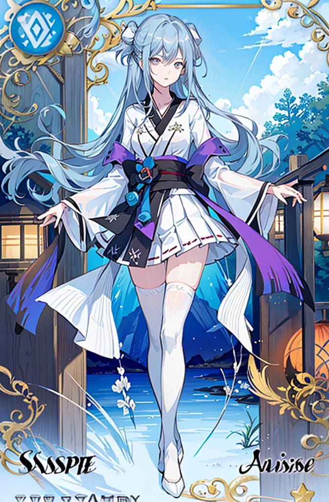 1girl, solo, outdoors, long hair, holy place, Original,(Illustration:1.1),(Best Quality),(masutepiece:1.1),(the Extremely Detailed CG Unity 8K Wallpapers:1.1), (Colorful:0.9),(mid-shot:0.95),(extremely detailed beautiful face),(Solo:1.2), (girl),(((Lori))), (Detailed beautiful eyes:1.15), (Beautiful face:1.15), (Glowing blue eyes:1.25////),(((sky blue Long Hair))),(two side up),(+perfect hand+:1.21),(Draw illustration of Japan priestess costume),(slender),(White pleated skirt),(Gothic),((black thighhighs)),(frilld),(Beautiful Slender Lolita Girl),hallowween,standing, girl,, girl,foggy place,vampire,sky blue hair,((full body,whole body)),