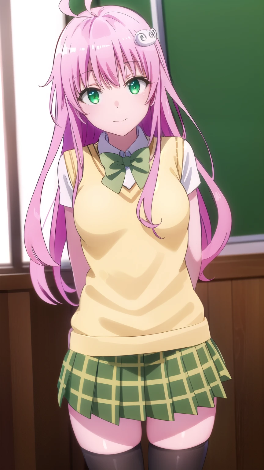 laladevilluke, lala deviluke, long hair, pink hair, tail, ahoge, bangs, hair ornament, (green eyes:1.5), smile,
BREAK demon tail, green skirt, plaid, plaid skirt, sainan high , , skirt, sweater vest, thighhighs, (yellow sweater:1.5), short sleeves, bow, (green bow:1.5),
BREAK indoors, classroom,
BREAK looking at viewer, (cowboy shot:1.5),
BREAK (masterpiece:1.2), best quality, high resolution, unity 8k wallpaper, (illustration:0.8), (beautiful detailed eyes:1.6), extremely detailed face, perfect lighting, extremely detailed CG, (perfect hands, perfect anatomy),