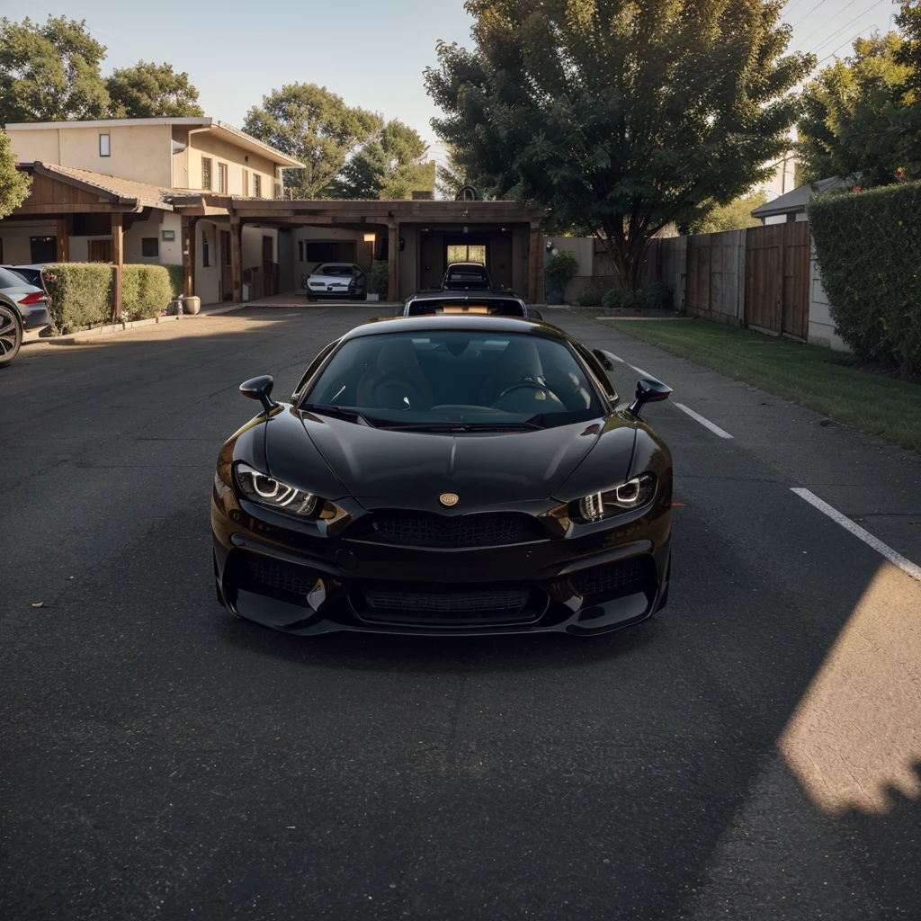 "A high-quality image captured at golden hour, showing a black sports car, Chiron model, parked in a yard with several other exotic cars. The black car stands out, and on his license plate it says 'JEFFERSON'. The scene is viewed from a top-down angle, revealing a luxurious lifestyle, with the garage in the background and exotic cars parked around. The composition is impressive, with shine and detailed specifications that highlight the quality and luxury of the vehicles."