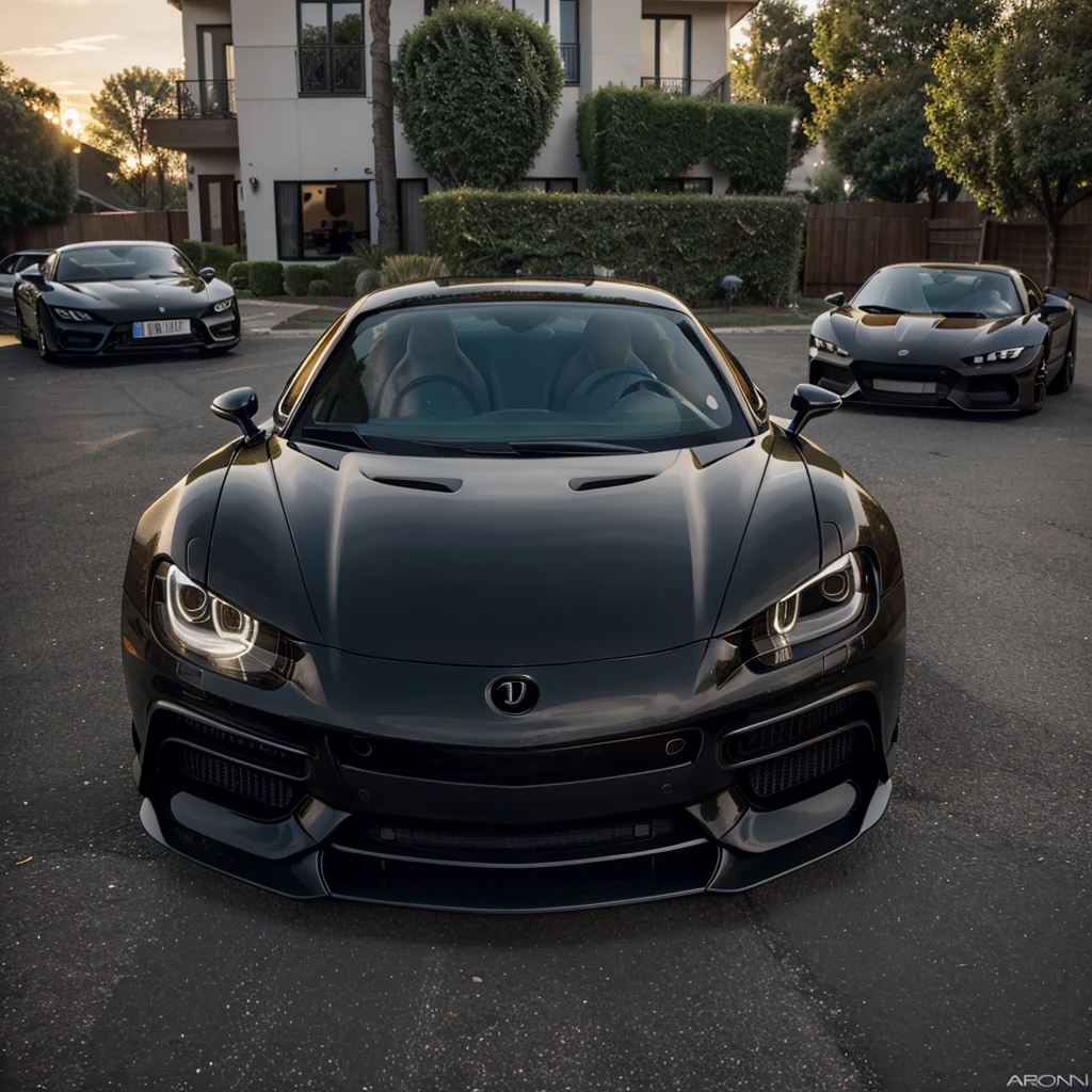 "A high-quality image captured at golden hour, showing a black sports car, Chiron model, parked in a yard with several other exotic cars. The black car stands out, and on his license plate it says 'JEFFERSON'. The scene is viewed from a top-down angle, revealing a luxurious lifestyle, with the garage in the background and exotic cars parked around. The composition is impressive, with shine and detailed specifications that highlight the quality and luxury of the vehicles."