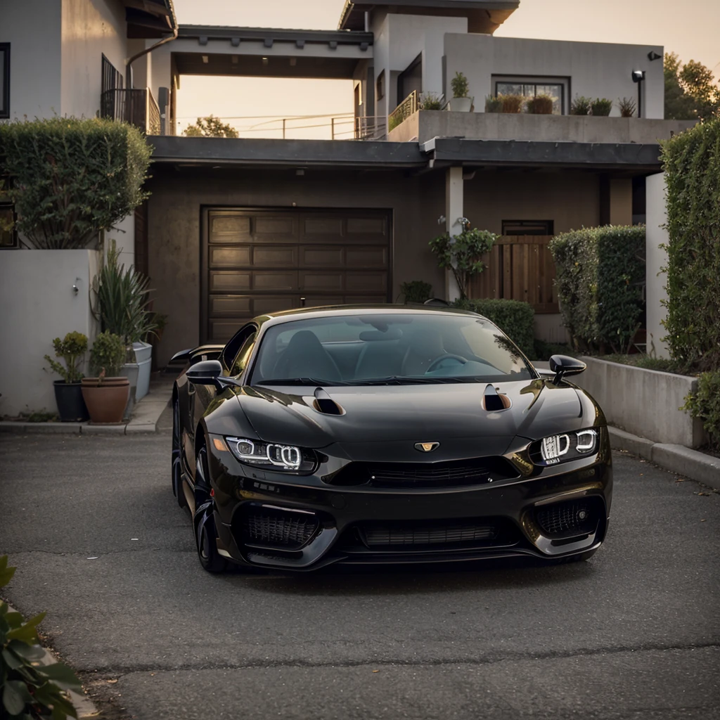 "A high-quality image captured at golden hour, showing a black sports car, Chiron model, parked in a yard with several other exotic cars. The black car stands out, and on his license plate it says 'JEFFERSON'. The scene is viewed from a top-down angle, revealing a luxurious lifestyle, with the garage in the background and exotic cars parked around. The composition is impressive, with shine and detailed specifications that highlight the quality and luxury of the vehicles."
