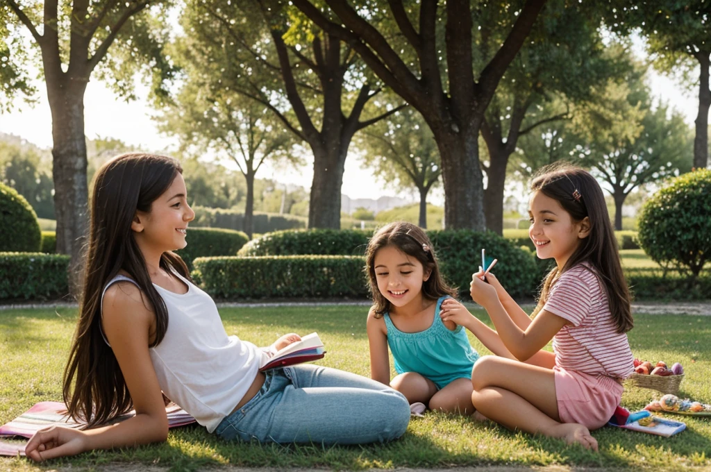 Italy. Italian people. Generate a highly realistic image of two 13-year-old small brests Italian girls and one 9-year-old sister enjoying a relaxing day in an Italian park. They are lounging on a grassy area, dressed in casual summer outfits: mini shorts and light tops. The first 11-year-old girl is reclining on her back, propped up on her elbows, with a relaxed and cheerful expression as she watches the younger sister play. The second 11-year-old is sitting with her legs stretched out, holding a book or sketchpad, with an interested and engaged look.

The 9-year-old sister is kneeling nearby, playing with a small toy or drawing on a portable chalkboard, her expression filled with concentration and joy. The park scene reflects a typical Italian setting with Mediterranean elements like tall cypress trees, vibrant flowerbeds, and classical stone benches. The background can include elements like a distant fountain, historical buildings or statues, and a few people enjoying the park, adding to the lively atmosphere. Ensure the sunlight is warm and natural, casting soft highlights and shadows that bring out the colors of their outfits and the surrounding greenery.

Include details such as a colorful picnic blanket, a water bottle, and perhaps a small picnic basket or a few snacks to enhance the realism. Their features should reflect their Italian heritage, with warm skin tones, expressive eyes, and dark hair. The girls' interactions should reflect a sense of sibling bonding and enjoyment, fitting the serene and culturally rich park setting in Italy.
