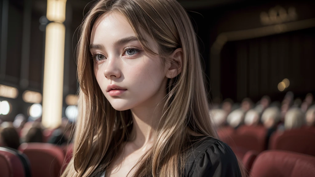 ((best qualityer)), ((work of art)), (detailded), 1 girl, imagem super realistico, a beautiful young woman, long and straight hair, Dark blonde hair, rosy cheeks, brown dark eyes, black leagwear, elegant pose, top quality picture, super realistico, 8 k quality, ultra realisitic, movie theater