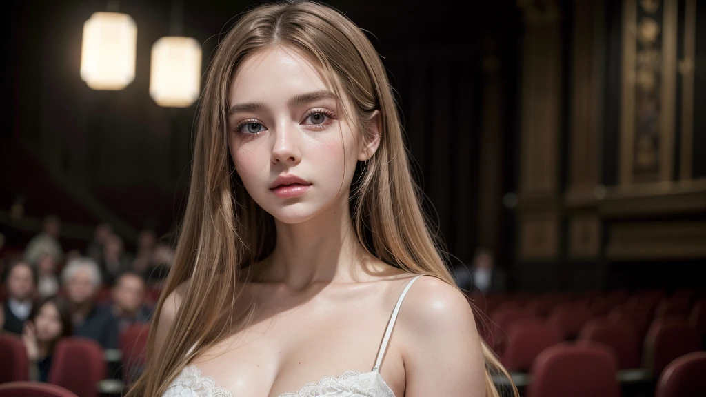 ((best qualityer)), ((work of art)), (detailded), 1 girl, imagem super realistico, a beautiful young woman, long and straight hair, Dark blonde hair, rosy cheeks, brown dark eyes, black leagwear, elegant pose, top quality picture, super realistico, 8 k quality, ultra realisitic, movie  theater