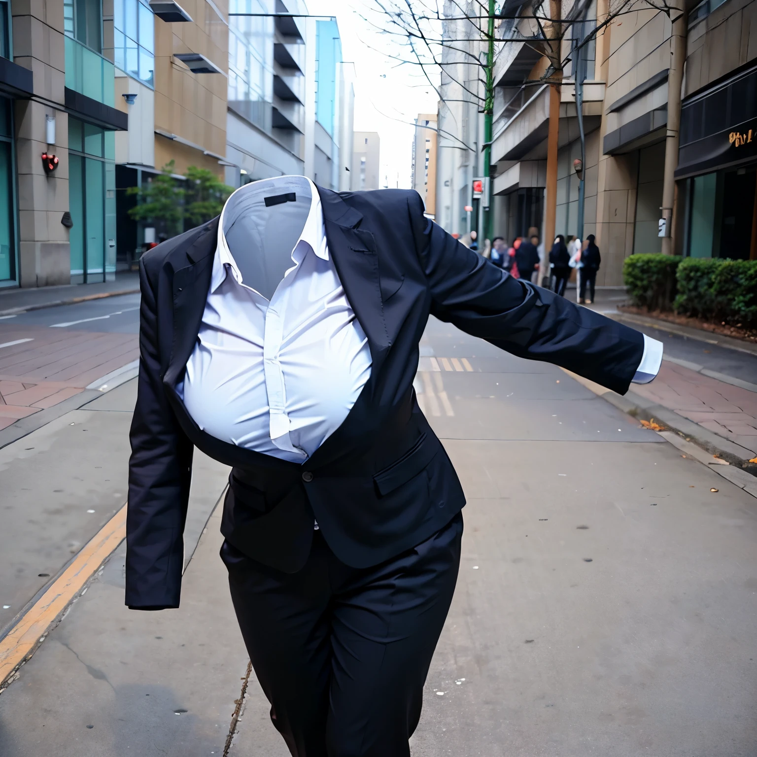 leaning forward, from back, school blouse, pants suit style, stripe tie, fat, cute big breasts, (invisible, no human, headless, handless:1.5)
