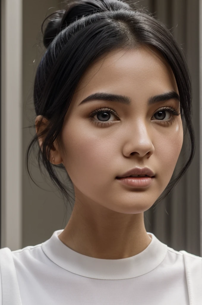 a black haired woman, semi square face, but let it be beautiful, thin-lipped, black eyes, wide and thick but cute nose, White skin, Her black hair is in a bun at the front., big eyes with latin features